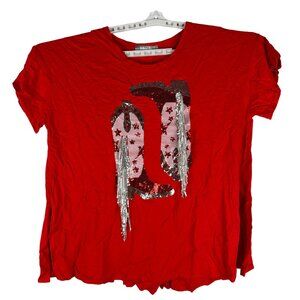 Red Blue b Collection Womens Sequin Cowboy Boot T-Shirt Size S